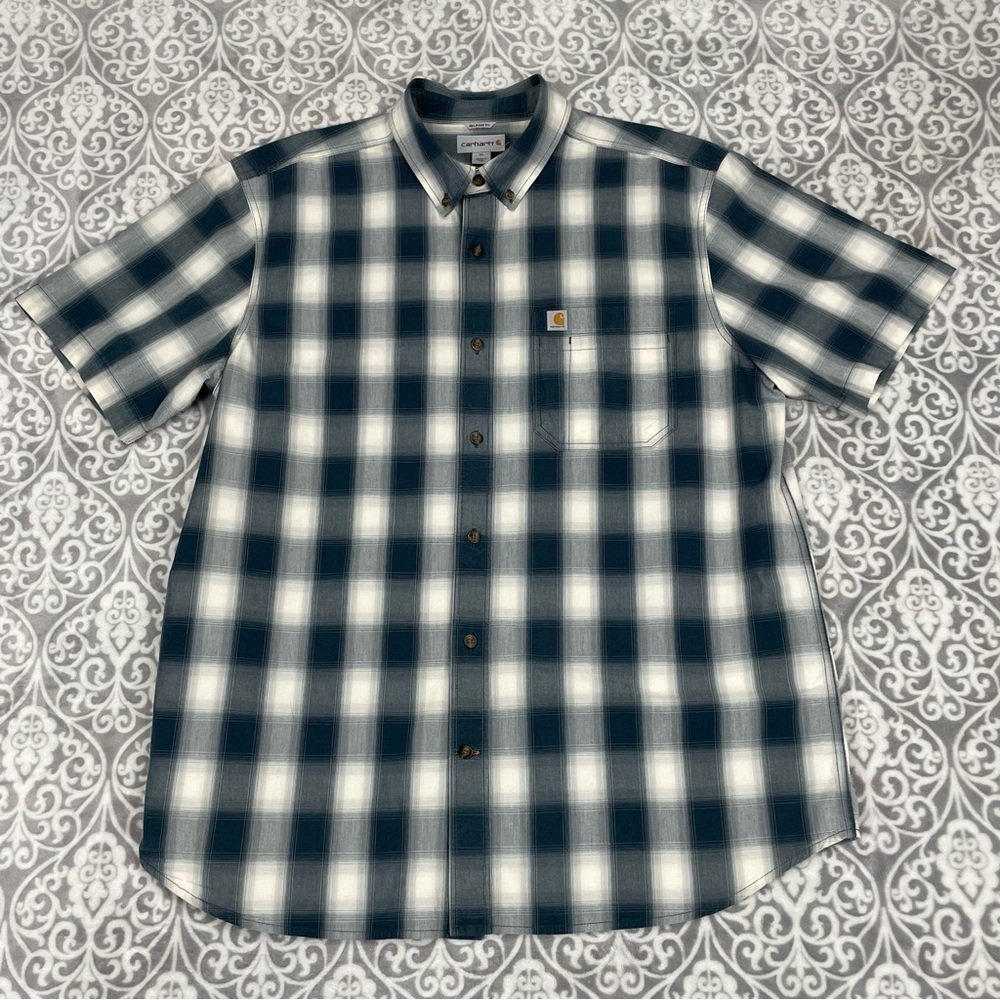 carhartt plaid button down shirt short sleeve blue relaxed fit men's xl